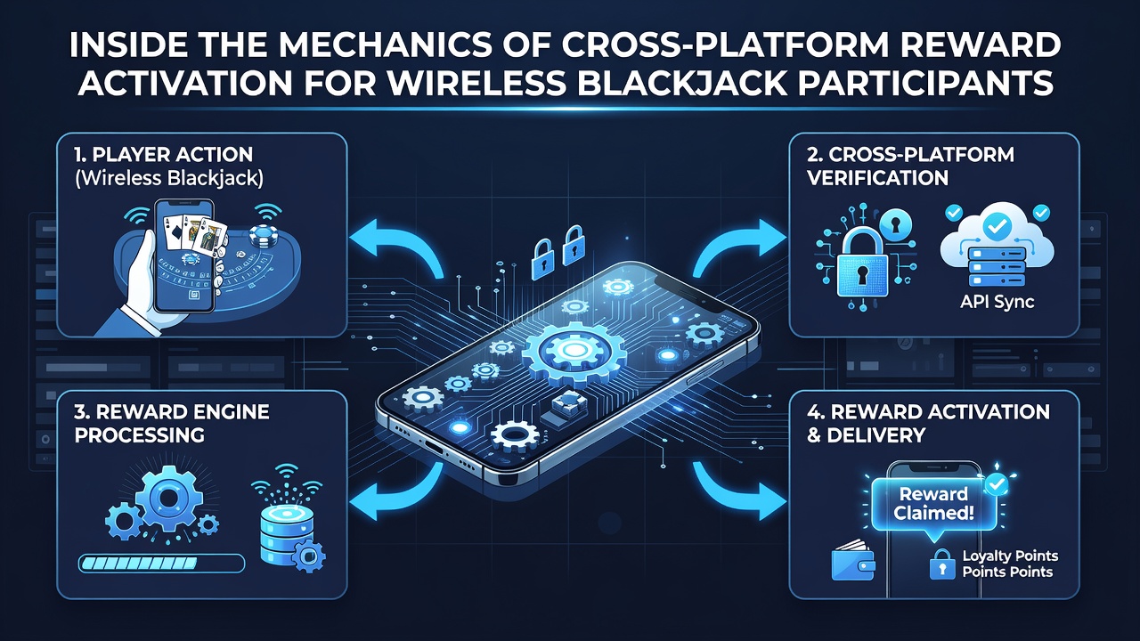Illustration der Synchronisation von Belohnungen zwischen mobilen Geräten und zentralen Systemen bei Blackjack-Sessions