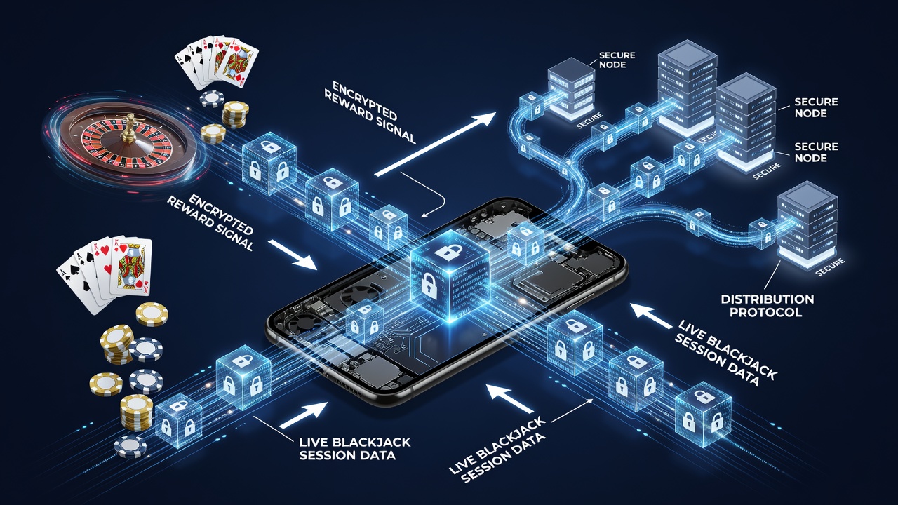 Ablaufdiagramm verschlüsselter Transaktionen während mobiler Blackjack-Partien