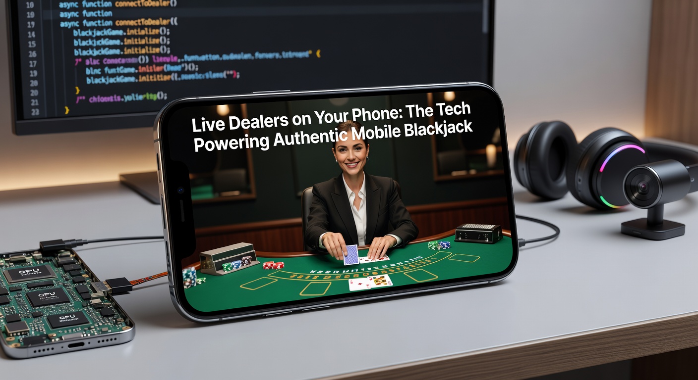 Nahaufnahme eines Live Dealers, der Blackjack-Karten austeilt, mit Smartphone-Overlay und Tech-Grafiken für Streaming und OCR