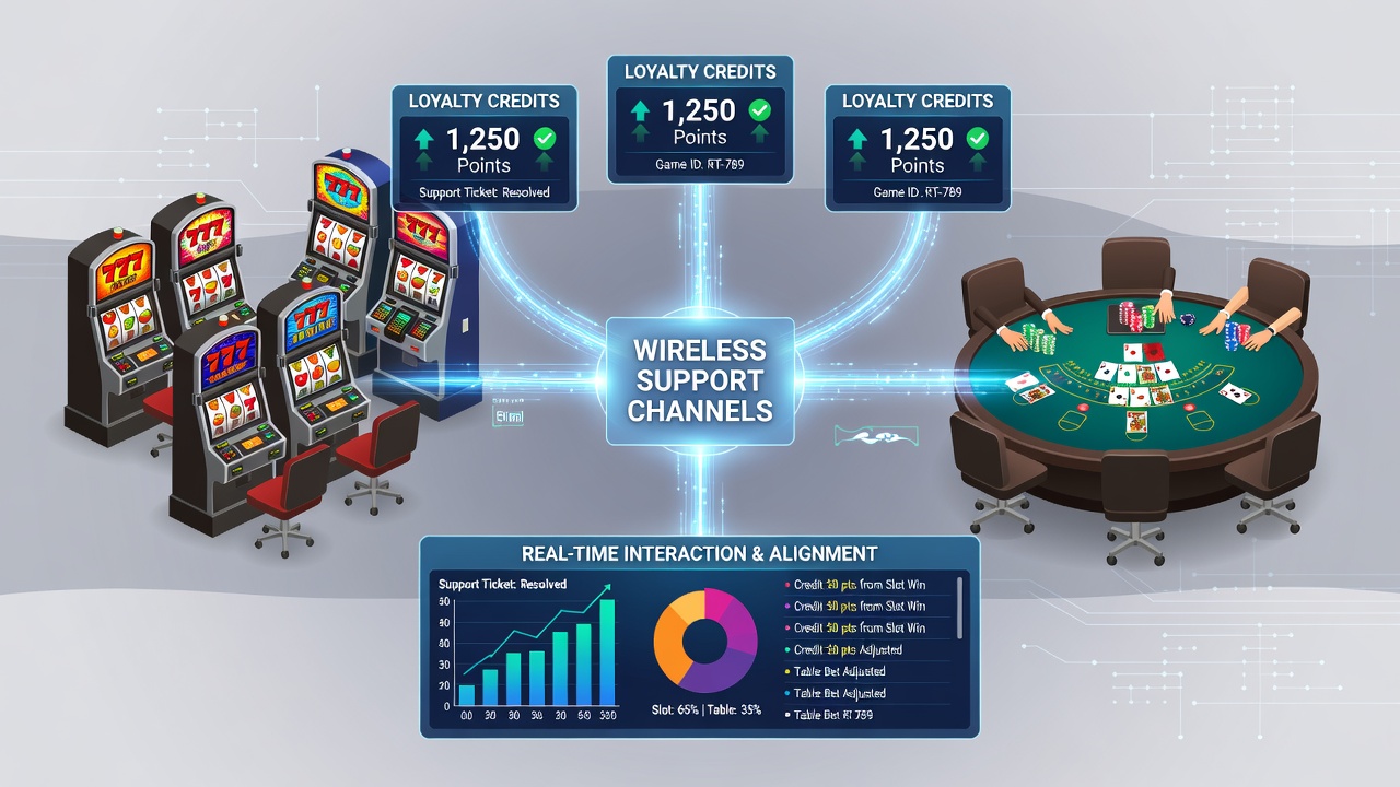 Darstellung der Synchronisation von Loyalty-Credits mit mobilen Tischspiel-Interfaces über Support-Kanäle